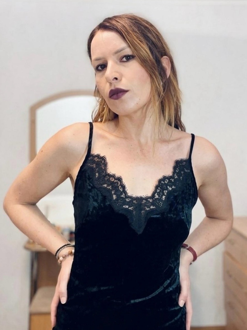 Black Velvet Lace-Trim Midi Slip Dress - Women